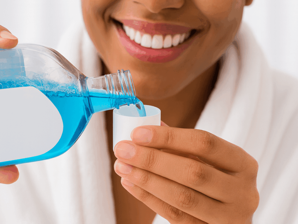 Close-up of a woman pouring blue mouthwash into a measuring cap as part of her daily oral hygiene routine.