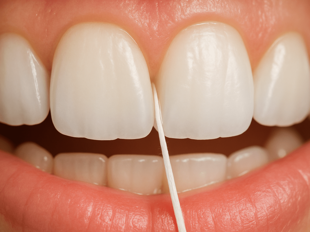 Close-up of floss sliding between the front teeth, demonstrating proper dental flossing technique for plaque removal and gum health.