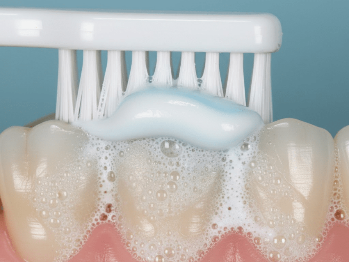 Close-up image of a toothbrush applying fluoride toothpaste and foam across the front teeth while demonstrating proper brushing technique.