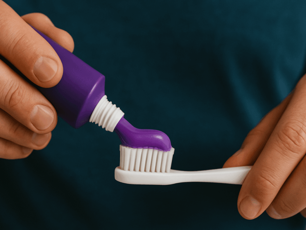 Close-up of a person applying purple color-correcting toothpaste onto a toothbrush, often used to brighten and neutralize yellow tones on teeth.