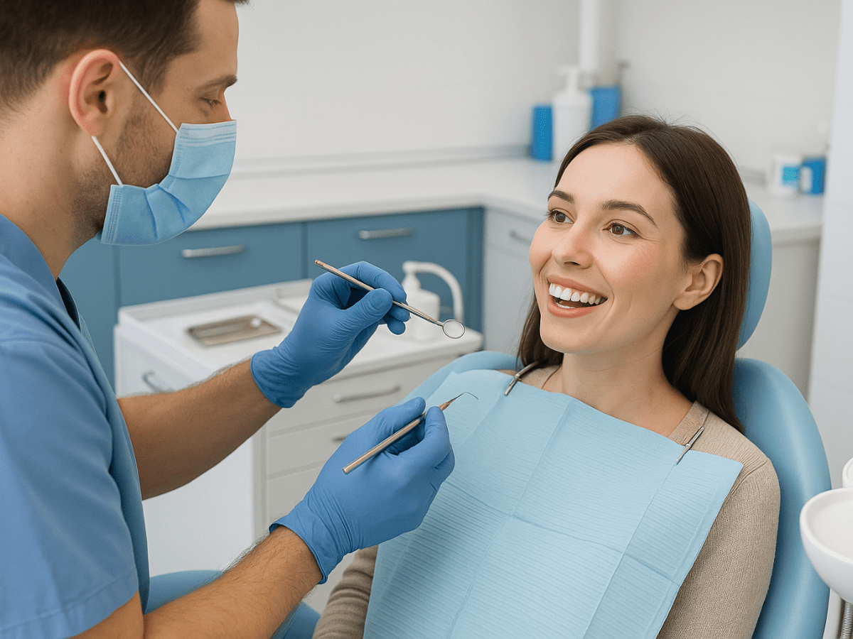 Dentist wearing gloves and a mask performing a routine oral exam on a smiling patient during a dental checkup.