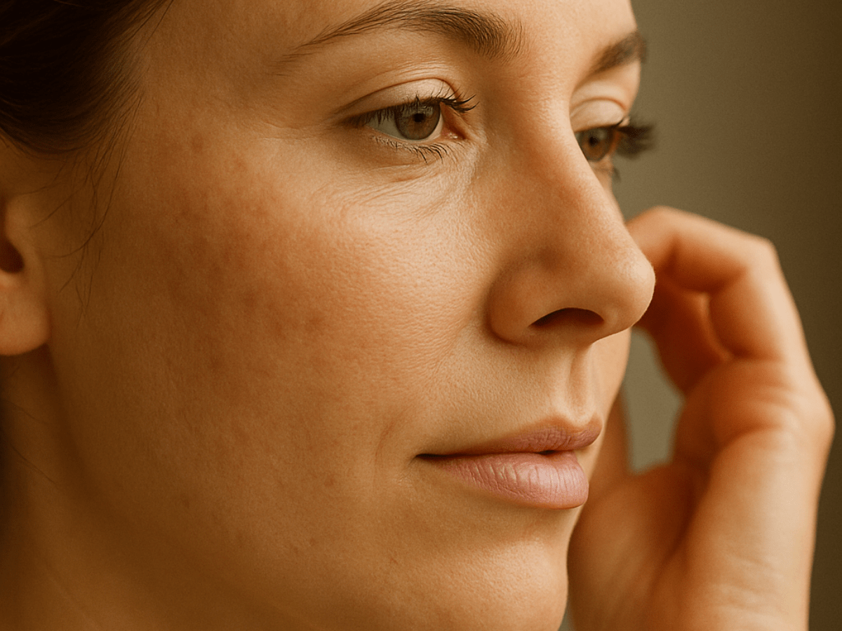 Close-up of a woman’s cheek showing uneven skin tone, mild hyperpigmentation, and natural skin texture.