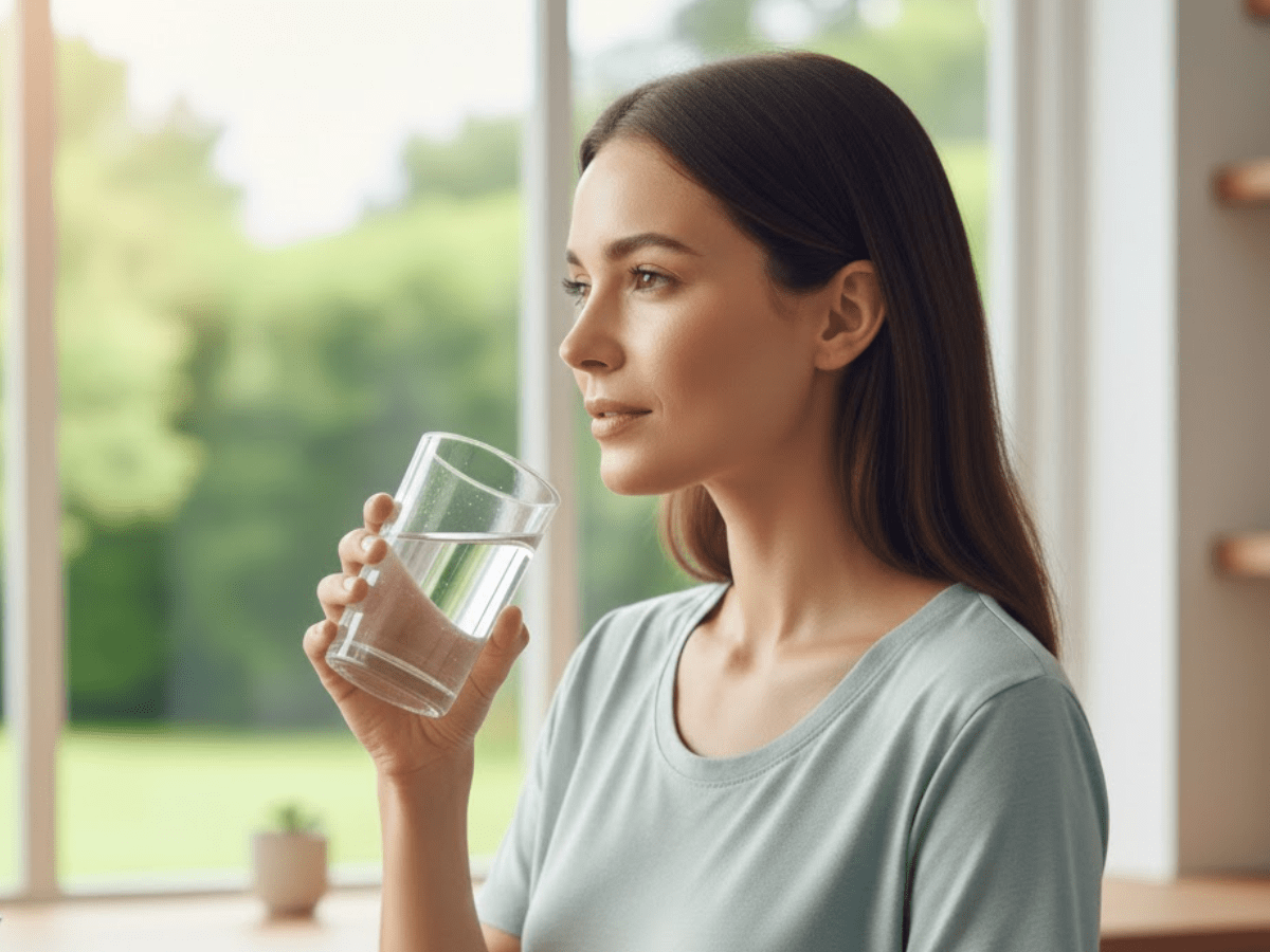 Woman holding a glass of water while hydrating, a habit that supports saliva flow and overall oral health.