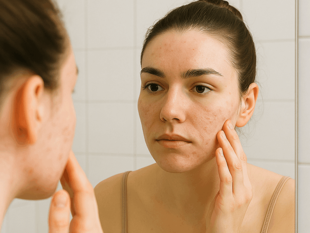 Young woman looking closely at her reflection in the bathroom mirror, examining acne scars and inflamed skin on her cheek.