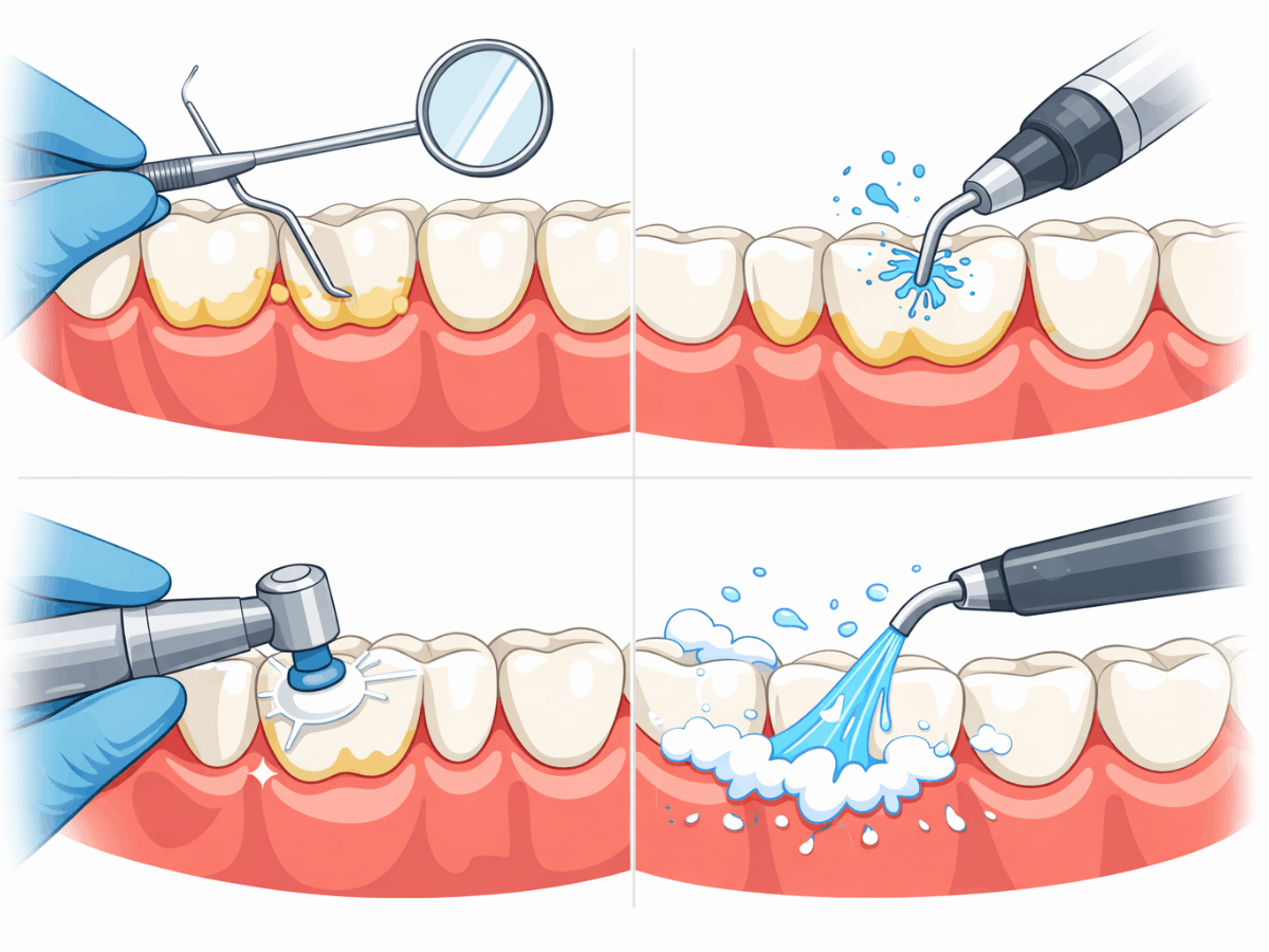 Four-panel illustration showing routine dental cleaning steps, including plaque removal with a scaler, polishing, and rinsing along the gumline.