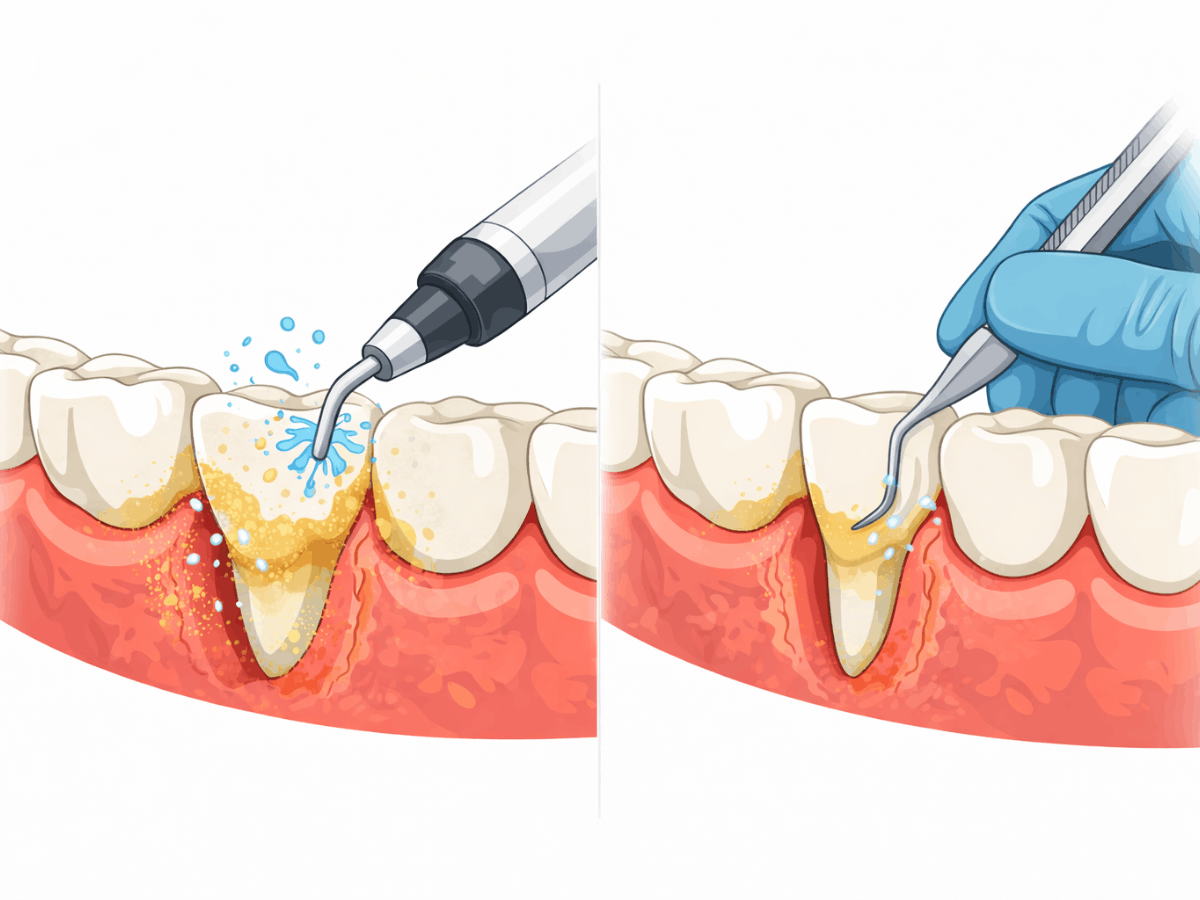 Split-screen illustration of scaling and root planing (deep cleaning), showing tartar buildup below the gumline being removed with dental instruments to reduce inflammation.
