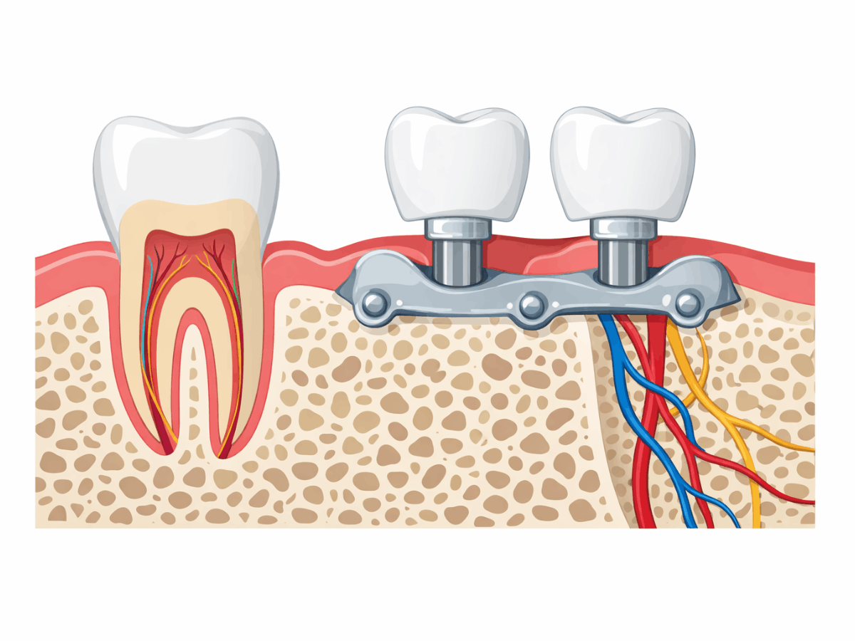 Dental illustration showing a subperiosteal implant frame resting on top of the jawbone under the gums, supporting two artificial teeth with posts and crowns