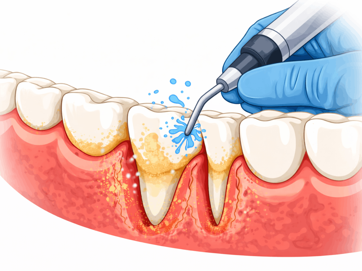 Vector illustration of periodontal maintenance cleaning, showing a dental hygienist using an ultrasonic scaler to remove plaque and tartar buildup along the gumline to reduce inflammation.