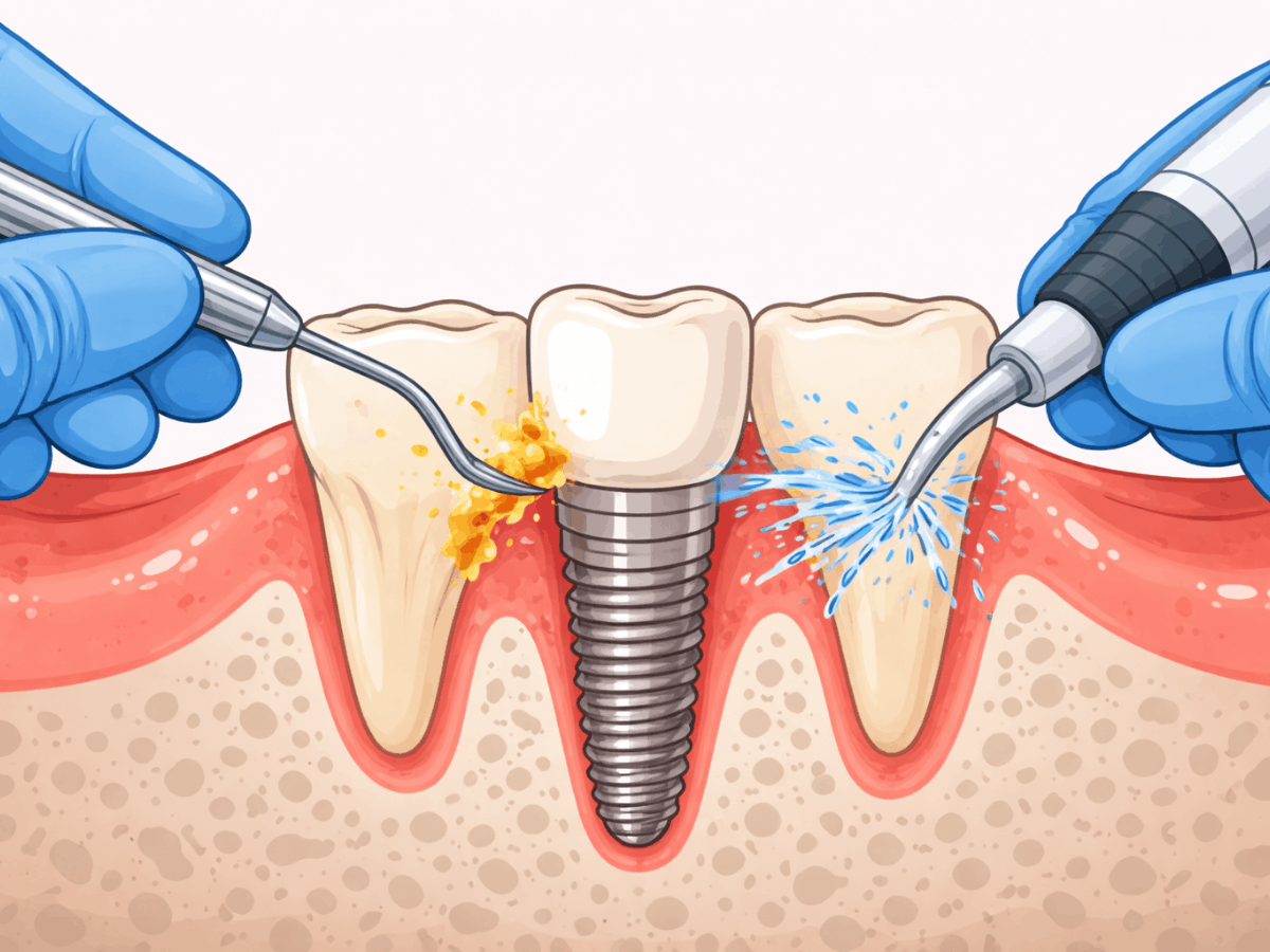 Dental illustration showing implant maintenance cleaning, with a hygienist removing plaque and buildup around a dental implant using specialized tools to protect the gums and implant crown.