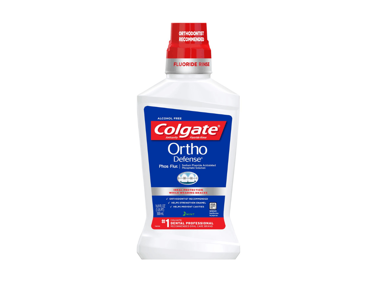 Bottle of Colgate Phos-Flur Ortho Defense anticavity fluoride rinse, alcohol-free mouthwash for enamel strengthening and cavity prevention while wearing braces