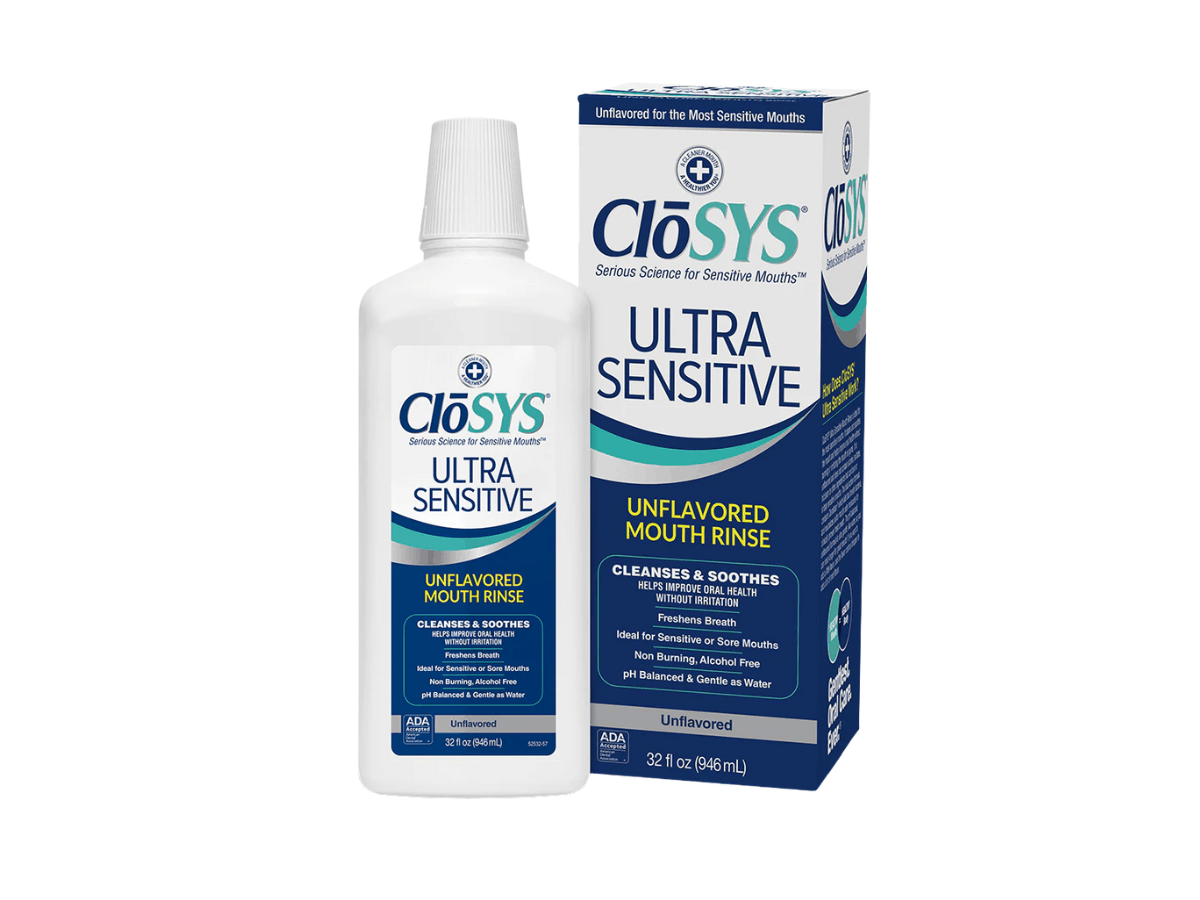 Bottle and box of CloSYS Ultra Sensitive unflavored fluoride mouth rinse, alcohol-free mouthwash for sensitive mouths and gentle oral care