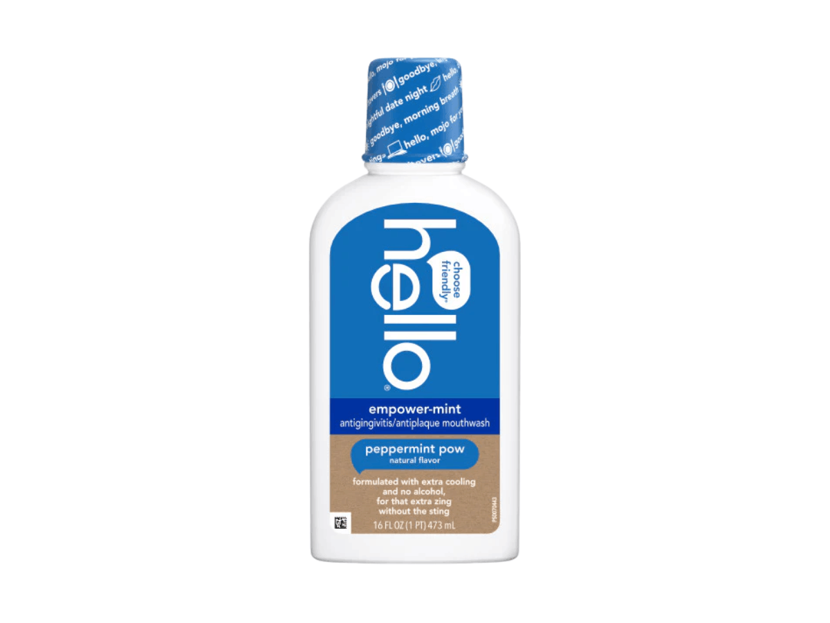 Bottle of Hello Oral Care Healthy Mouth Rinse with fluoride in Empower-Mint flavor for plaque control and fresh breath