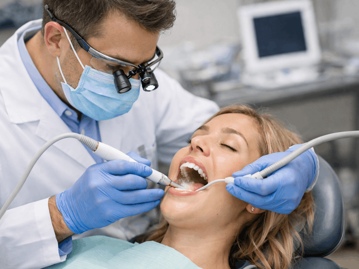 Dentist wearing a mask and magnifying loupes cleans a patient’s teeth using a dental scaler and suction during a routine dental cleaning.
