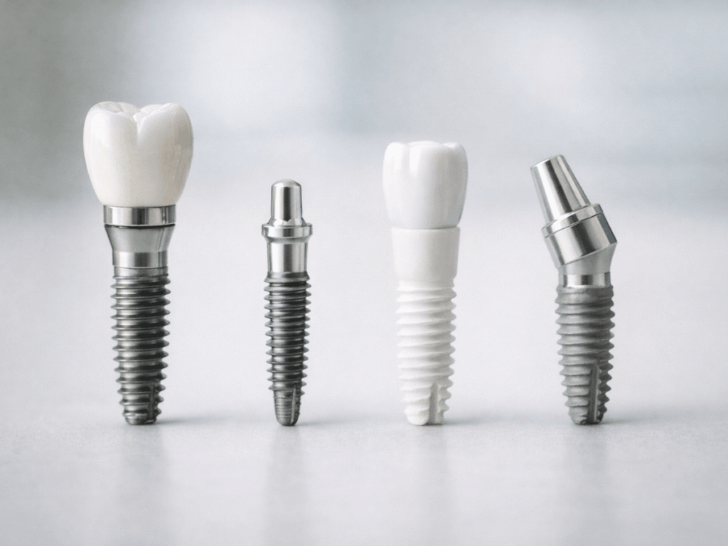 Close-up photo of four dental implant components, including implant posts, abutments, and a crown, showing different tooth replacement options