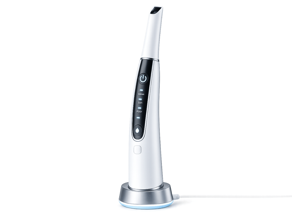 White handheld oral scanner device with a slim scanning tip and charging base on a white background.