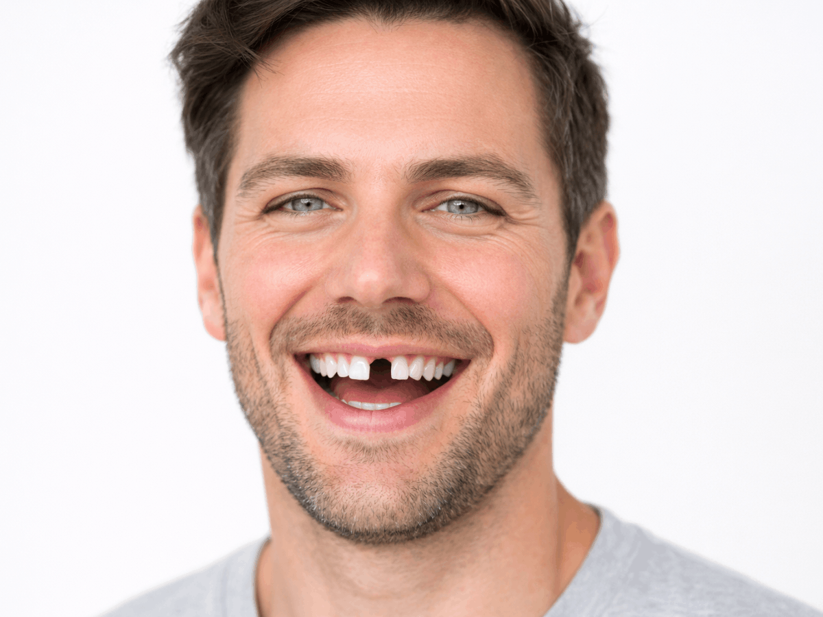 Close-up photo of a smiling man with a missing front tooth, showing visible tooth loss in the upper teeth