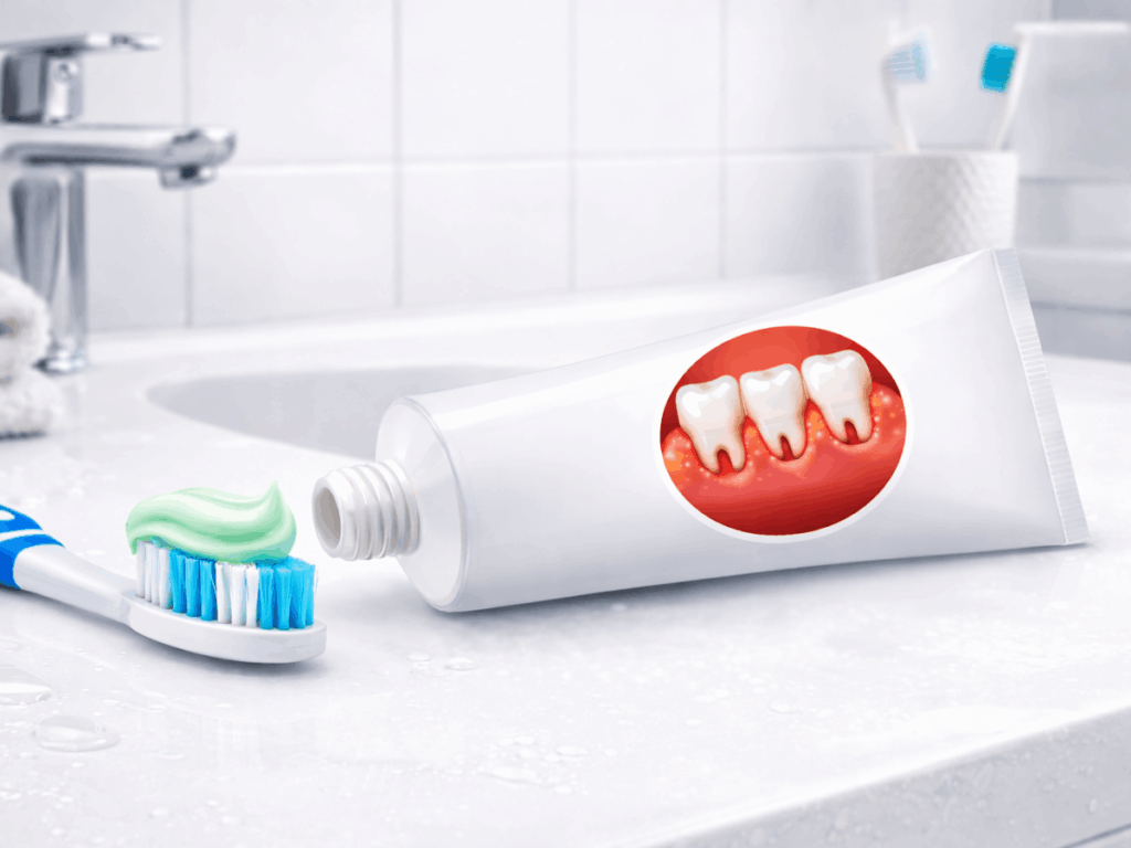 Toothpaste and toothbrush on a bathroom sink with a gum inflammation graphic, representing medicated toothpaste for gingivitis treatment
