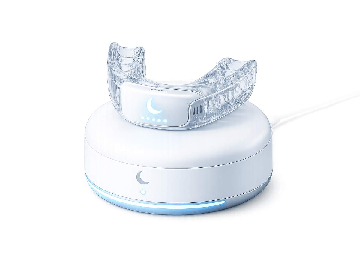 Clear smart mouthguard sleep and bruxism tracker resting on a white charging dock with a soft blue LED light.