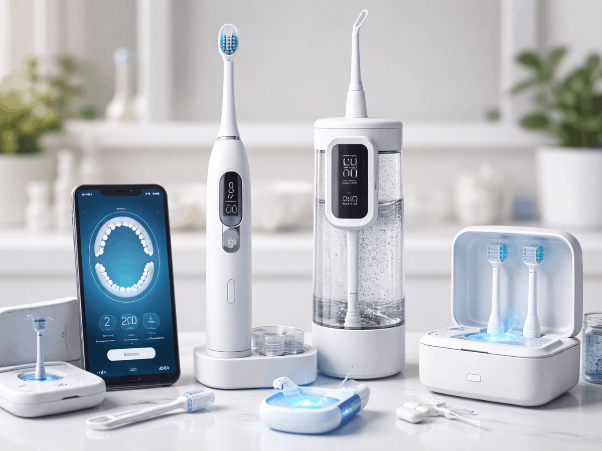 Smart oral care devices on a bathroom counter, including an electric toothbrush, water flosser, UV sanitizer case, and a smartphone app for brushing tracking.