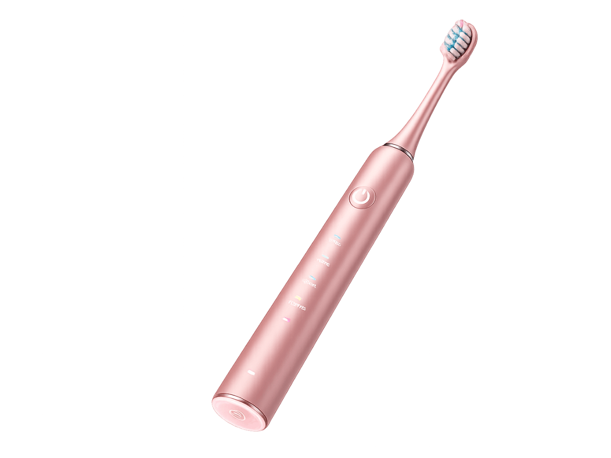 Rose gold smart electric toothbrush on a white background with a small brush head and power button.