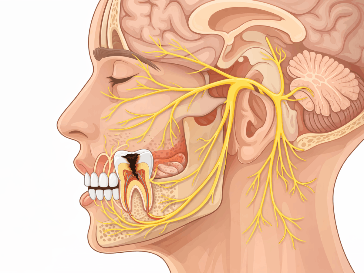 Side-view medical illustration showing the trigeminal nerve pathways and how a deep tooth cavity can trigger referred pain in the jaw, face, and head