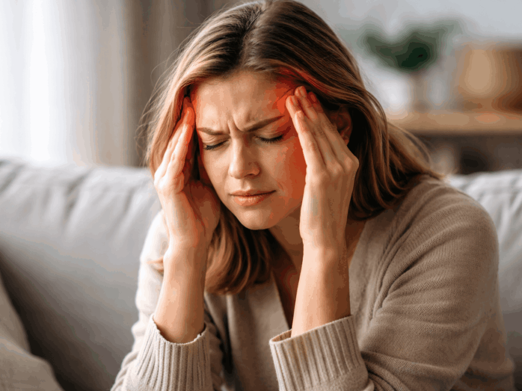 Woman sitting on a couch holding her temples with a painful headache and facial tension at home