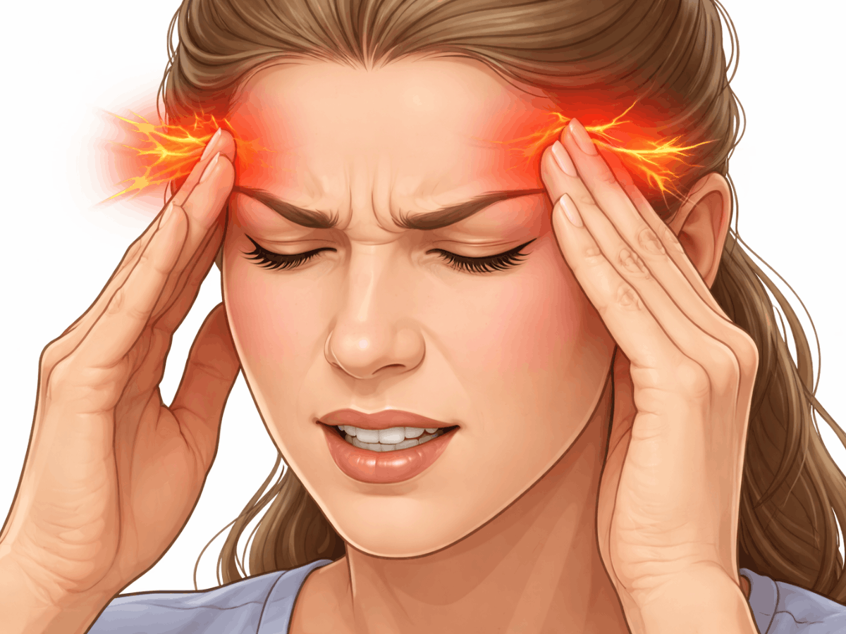 Medical illustration of a woman pressing her temples with visible pain, showing tension headache symptoms and pressure on both sides of the head
