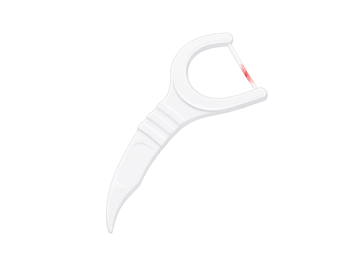Close-up illustration of a white plastic dental floss pick with a small trace of blood, indicating flossing around inflamed or sensitive gums.