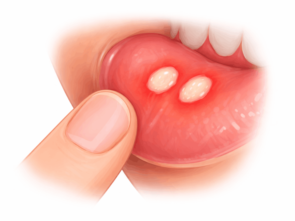 Close-up medical illustration of a finger gently touching two large, painful canker sores on the inner lower lip, showing inflammation and irritation.