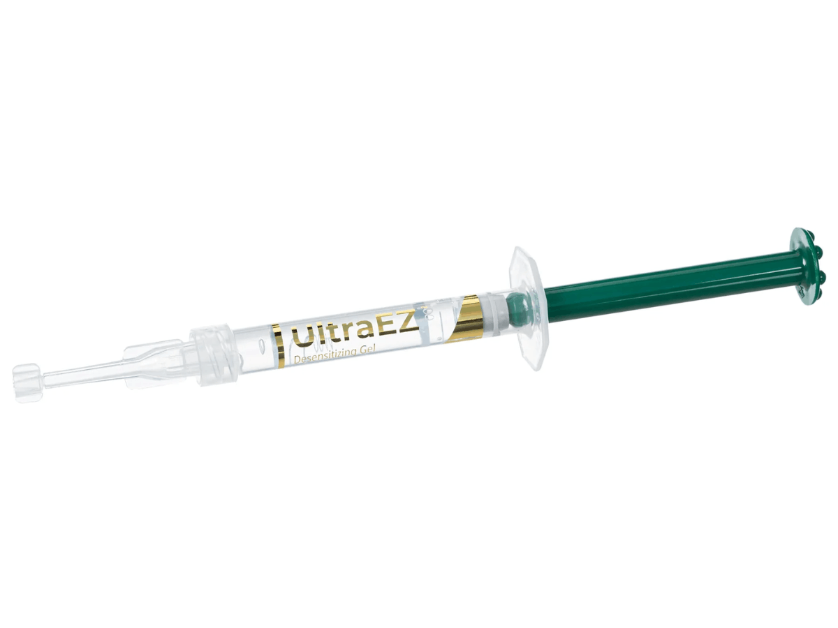 Dental desensitizing gel syringe labeled UltraEZ, used to reduce tooth sensitivity before or after professional whitening treatments.