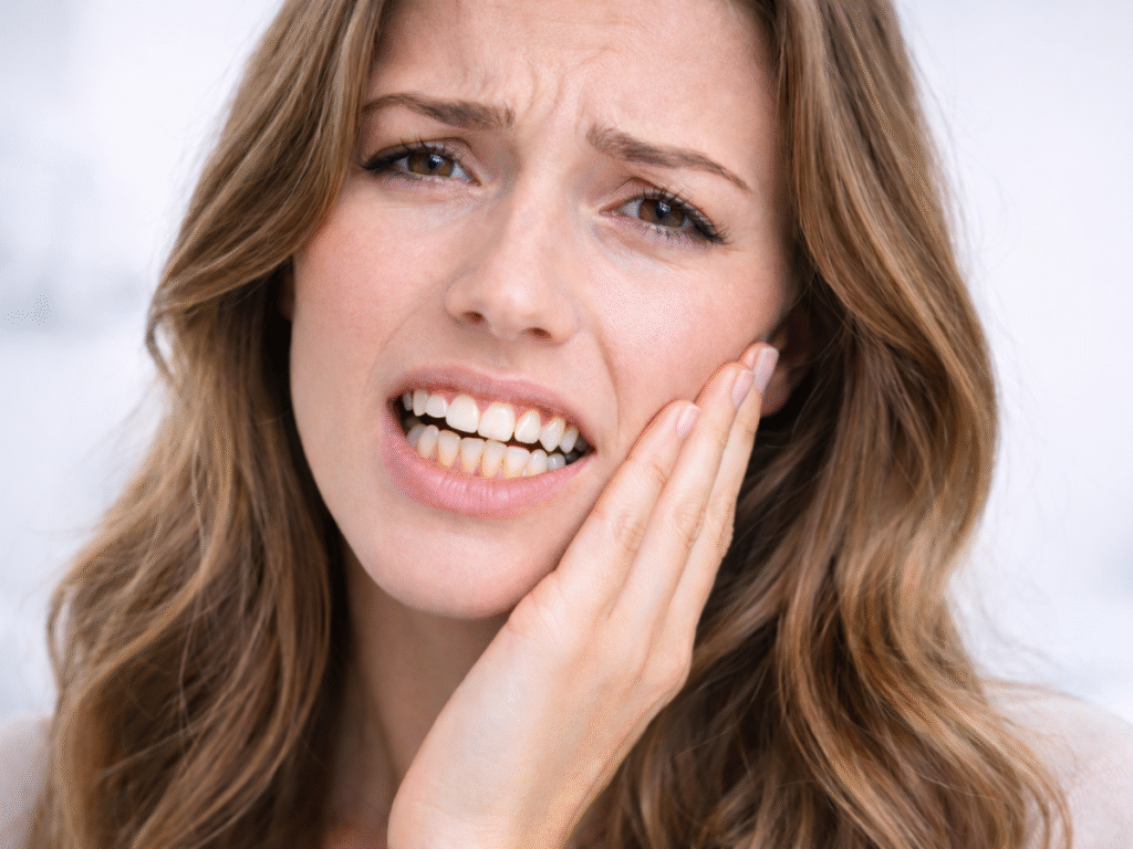 Close-up of a woman holding her cheek in discomfort, showing signs of toothache or jaw pain related to dental issues.