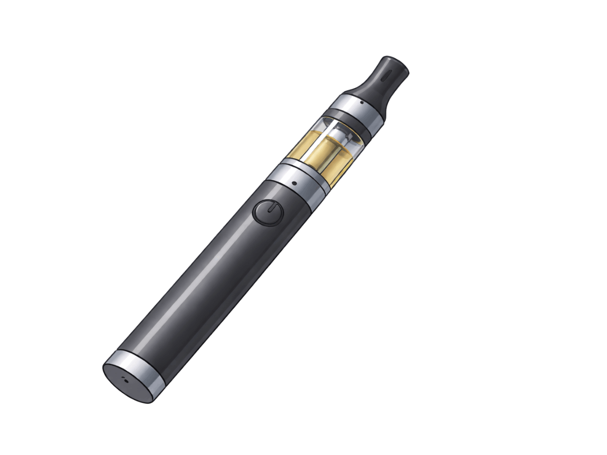 Close-up illustration of a sleek electronic cigarette or vape pen, showing the mouthpiece, cartridge, and power button.