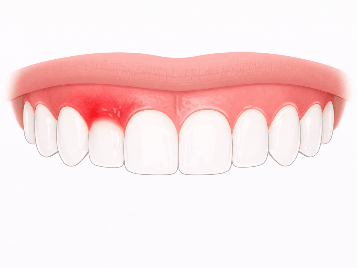 Close-up 2D illustration of red, inflamed gums around the upper front teeth, showing early signs of gum irritation or gingivitis.