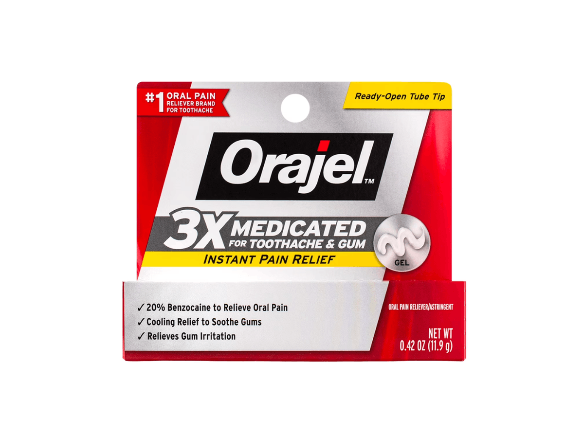 Box of Orajel 3X Medicated Gel containing 20% benzocaine, designed for instant relief of toothache pain and gum irritation.