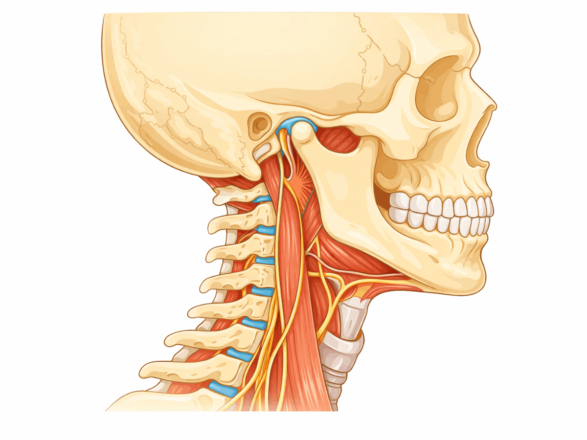 Detailed 2D medical illustration showing the side view of the human skull, cervical spine, and associated muscles and nerves, highlighting the neck-jaw connection and muscle tension pathways.