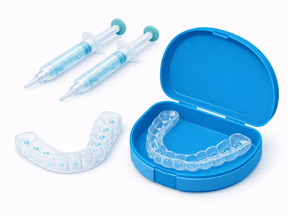 Clear illustration of custom take-home teeth whitening trays with two syringes of whitening gel and a blue storage case, showing proper at-home dental whitening setup.