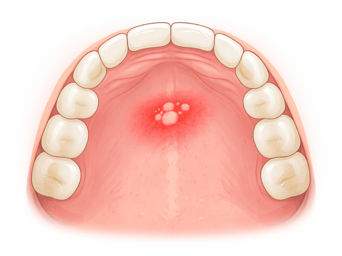 Close-up medical illustration of the roof of the mouth showing multiple red, inflamed, and recurring ulcers in the palate, highlighting oral irritation.