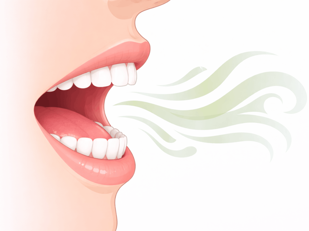 Side view of a person’s open mouth with green wavy lines representing bad breath, illustrating halitosis and oral odor.