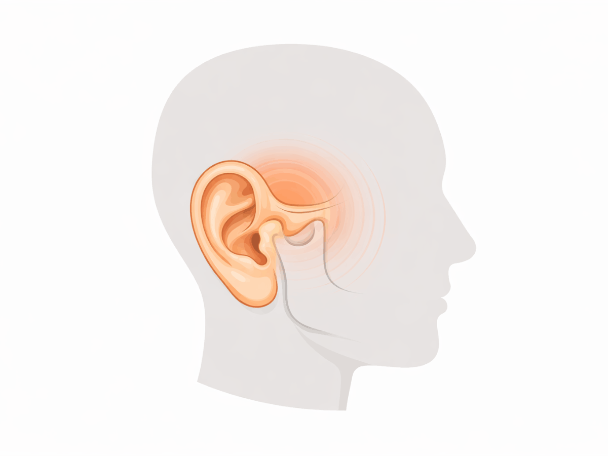 Side view of a human head highlighting the ear with concentric orange circles to indicate pressure or discomfort around ear structures.