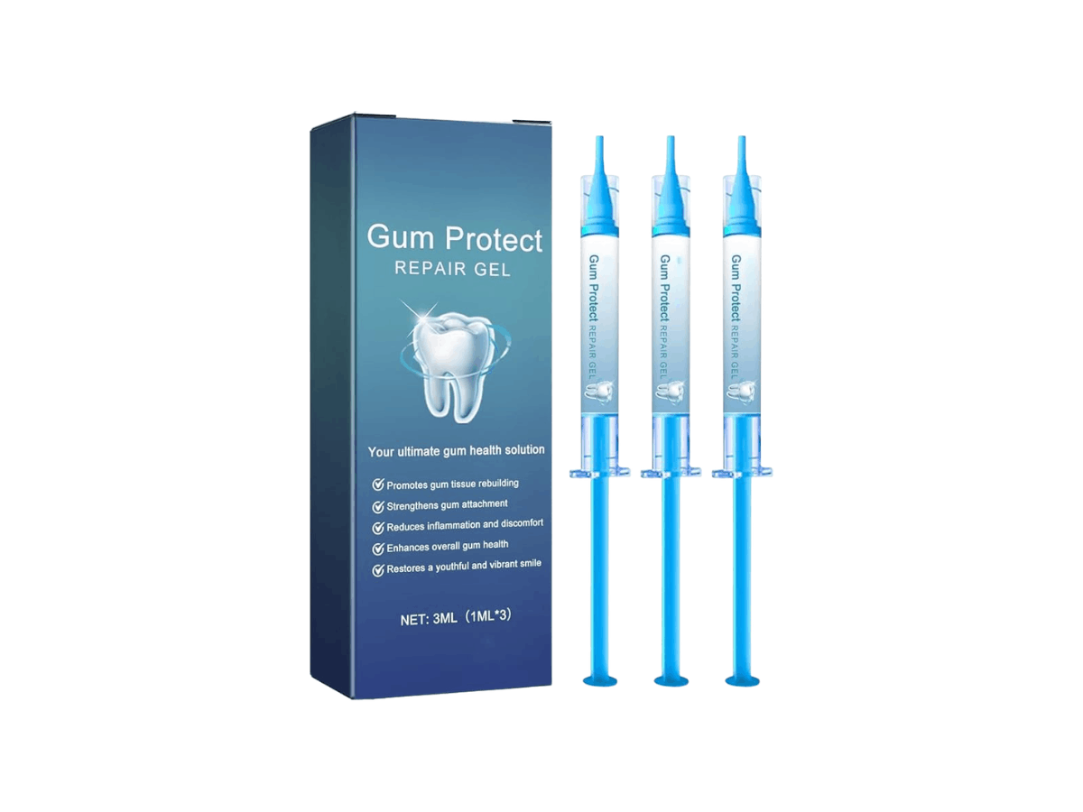 Box and three syringes of Gum Protect repair gel designed to support gum tissue rebuilding, reduce inflammation, and improve overall gum health.