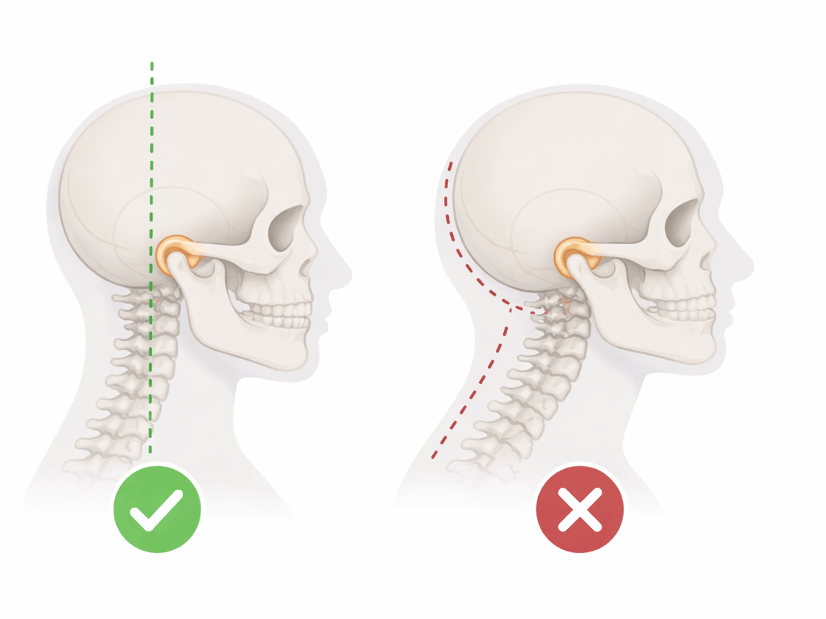 Side-by-side 2D medical illustration of human skull and cervical spine showing correct and incorrect jaw alignment and posture, with green check and red X indicators.