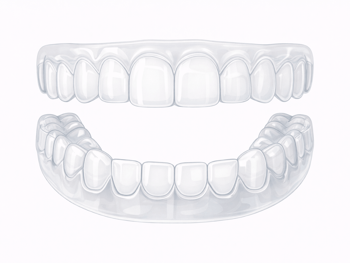 Dental illustration of an upper Hawley retainer with built-in space maintainers, featuring an acrylic base and metal wire framework designed to preserve space for missing teeth and maintain alignment.