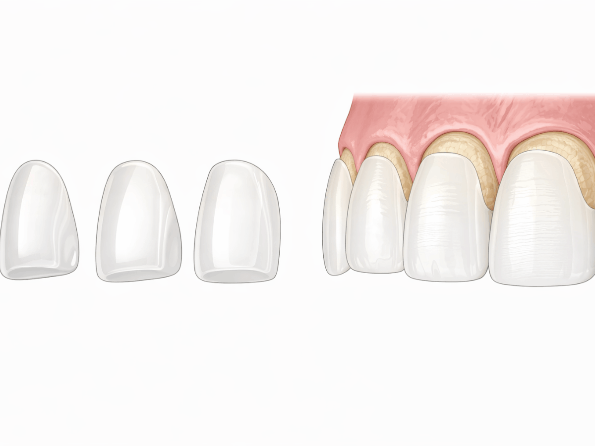 Illustration showing porcelain veneers before placement and after bonding to front teeth, covering discolored enamel and improving tooth shape and appearance.
