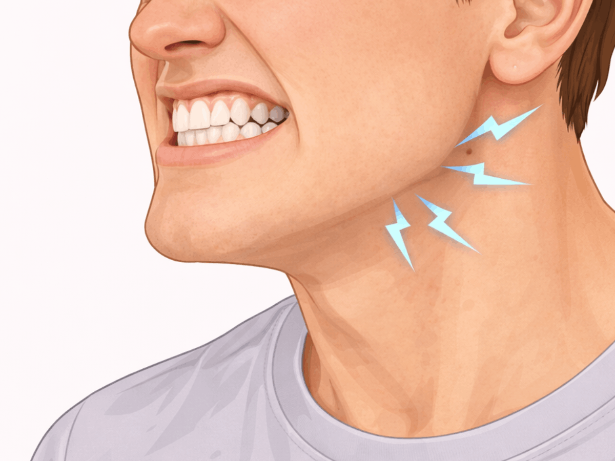 Illustration of a person clenching their teeth with highlighted pain signals along the jaw and neck, representing temporomandibular joint (TMJ) disorder or jaw muscle strain.