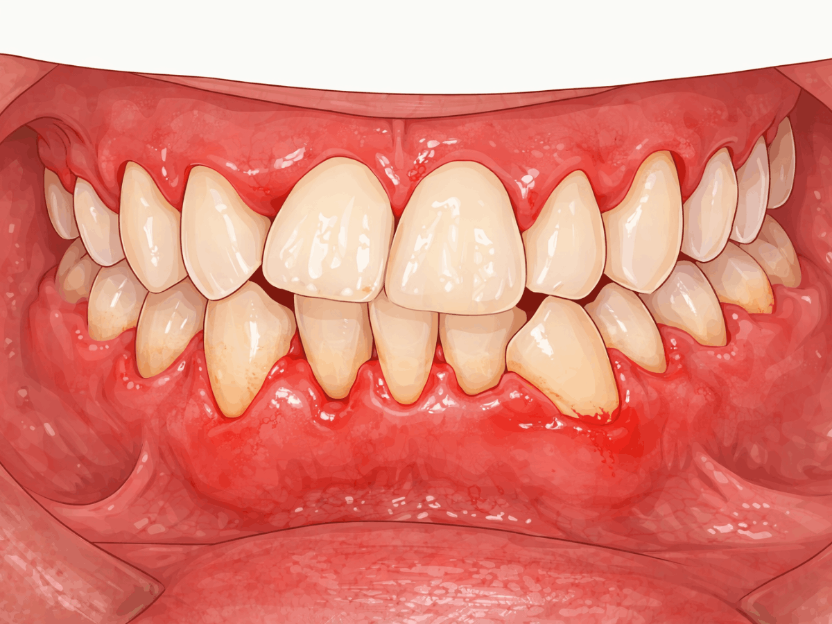 Detailed dental illustration showing inflamed, red, and swollen gums with bleeding around crowded teeth, representing advanced gingivitis or gum disease.