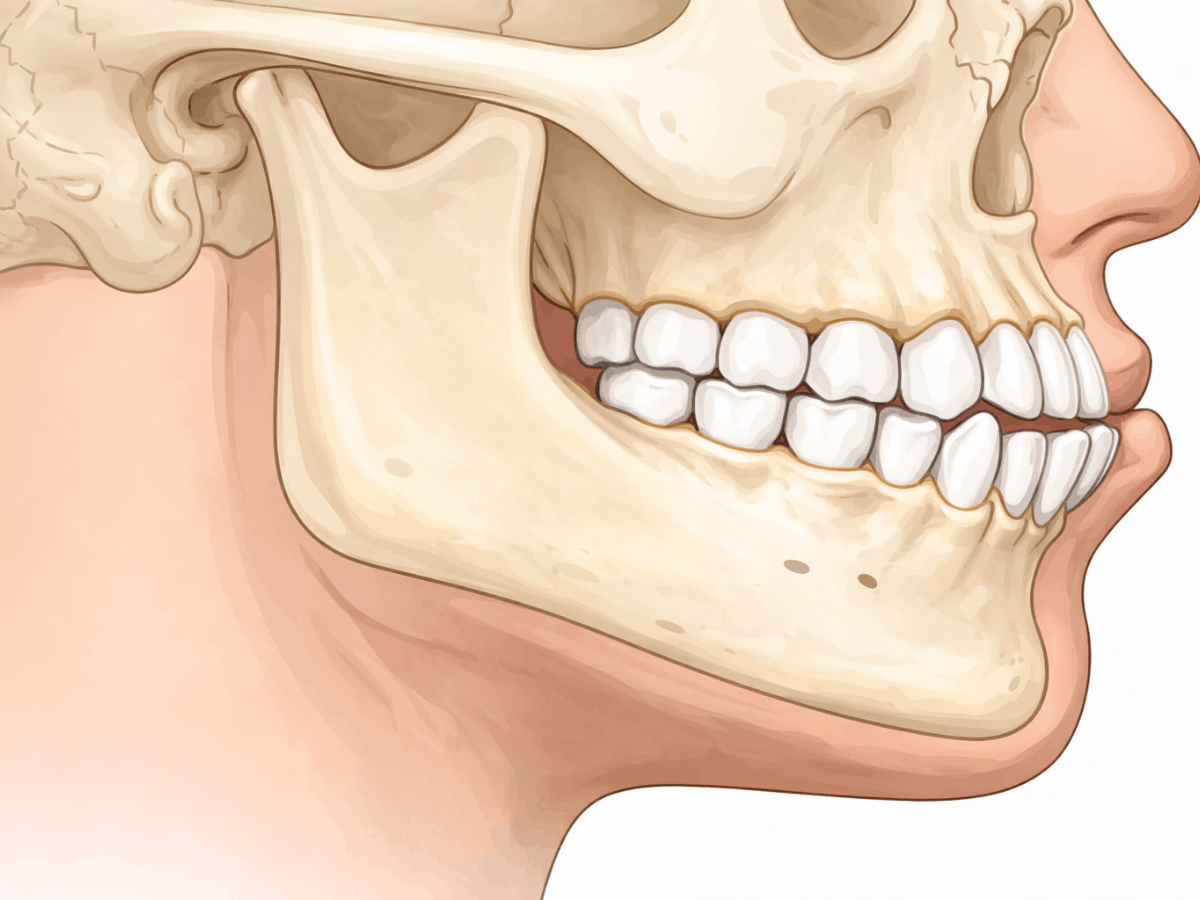Detailed side-view anatomical illustration of a human skull highlighting the jawbone, temporomandibular joint area, and teeth alignment.