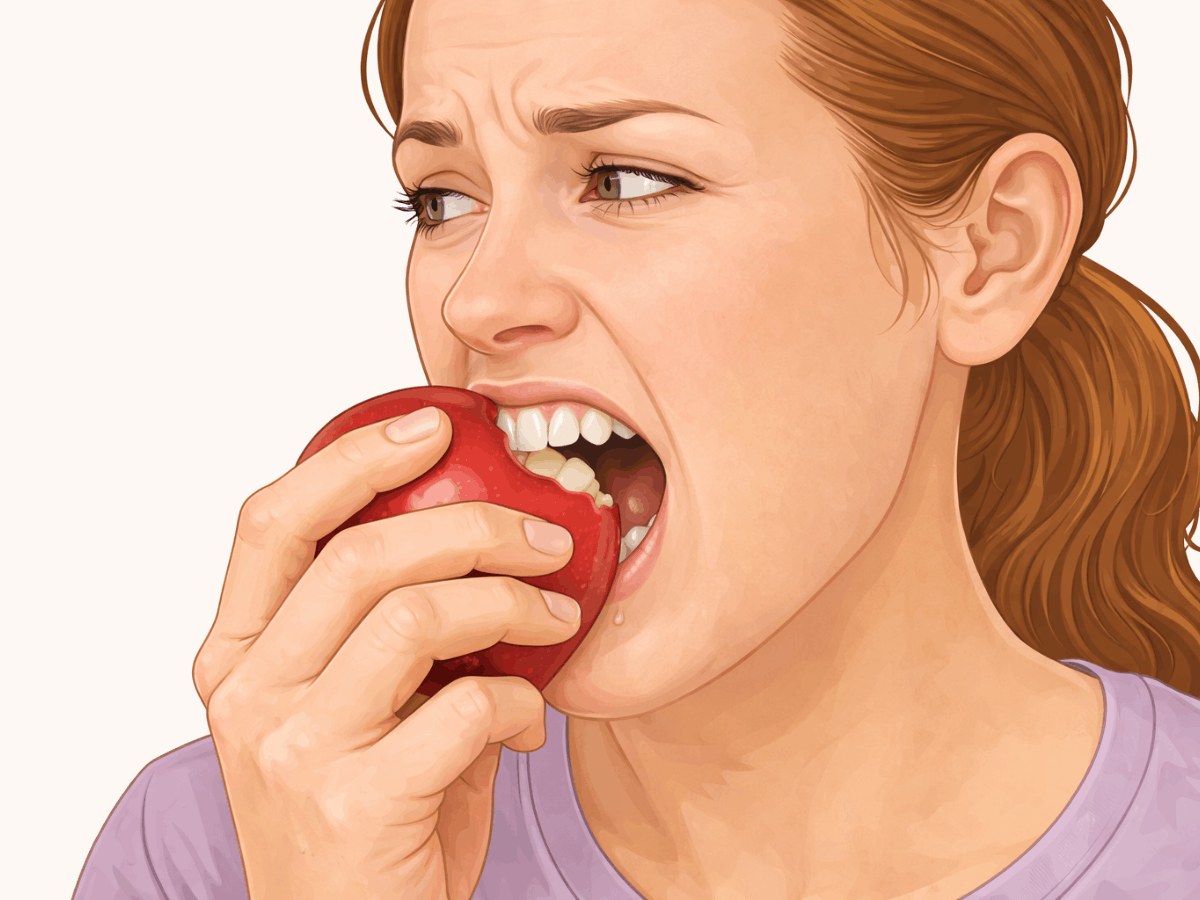 Illustration of a woman experiencing tooth sensitivity or dental pain while biting into a red apple, showing discomfort from pressure on her teeth.
