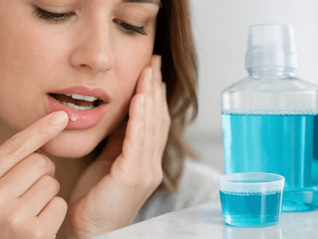 Woman touching a small canker sore on her lower lip, with a cup and bottle of blue mouthwash in the foreground, illustrating oral care and ulcer treatment.