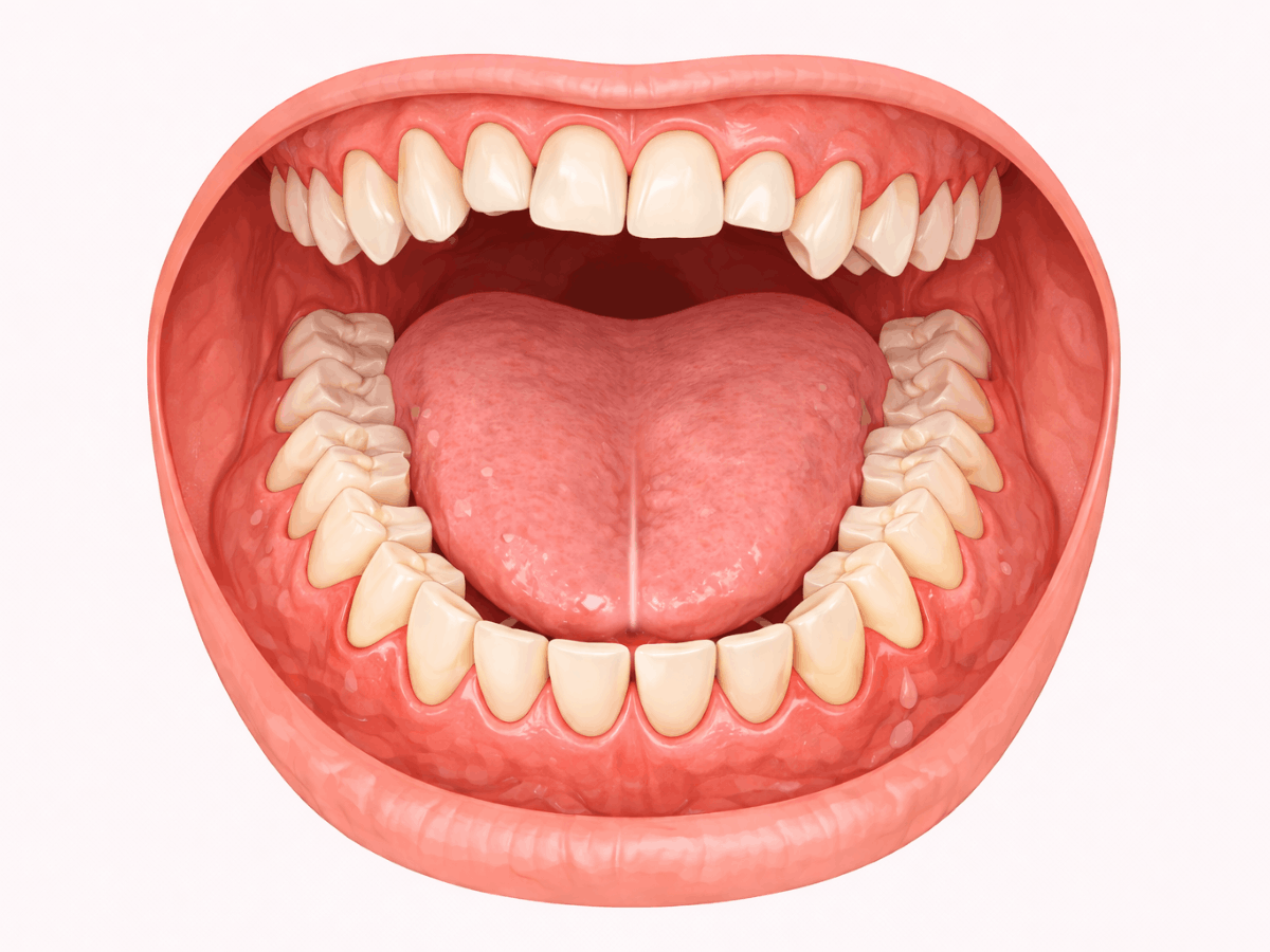 Detailed illustration of an open mouth showing healthy teeth, pink gums, and tongue, representing normal oral anatomy