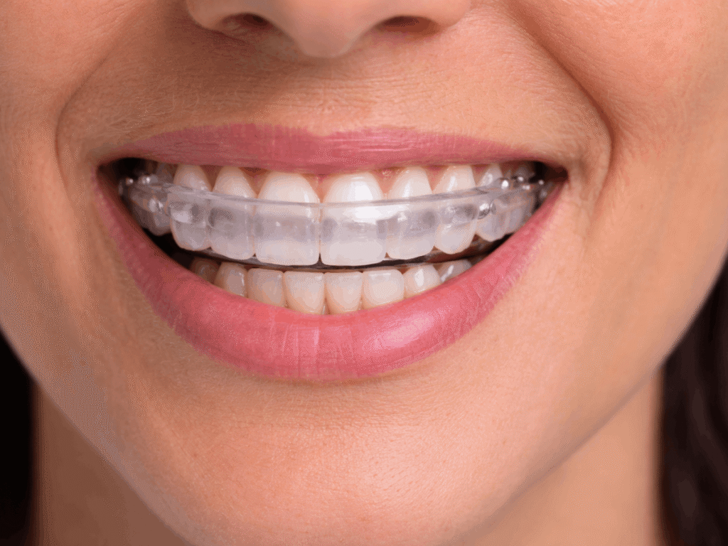 person wearing a clear TMJ splint or night guard designed to reduce teeth grinding and relieve jaw tension.